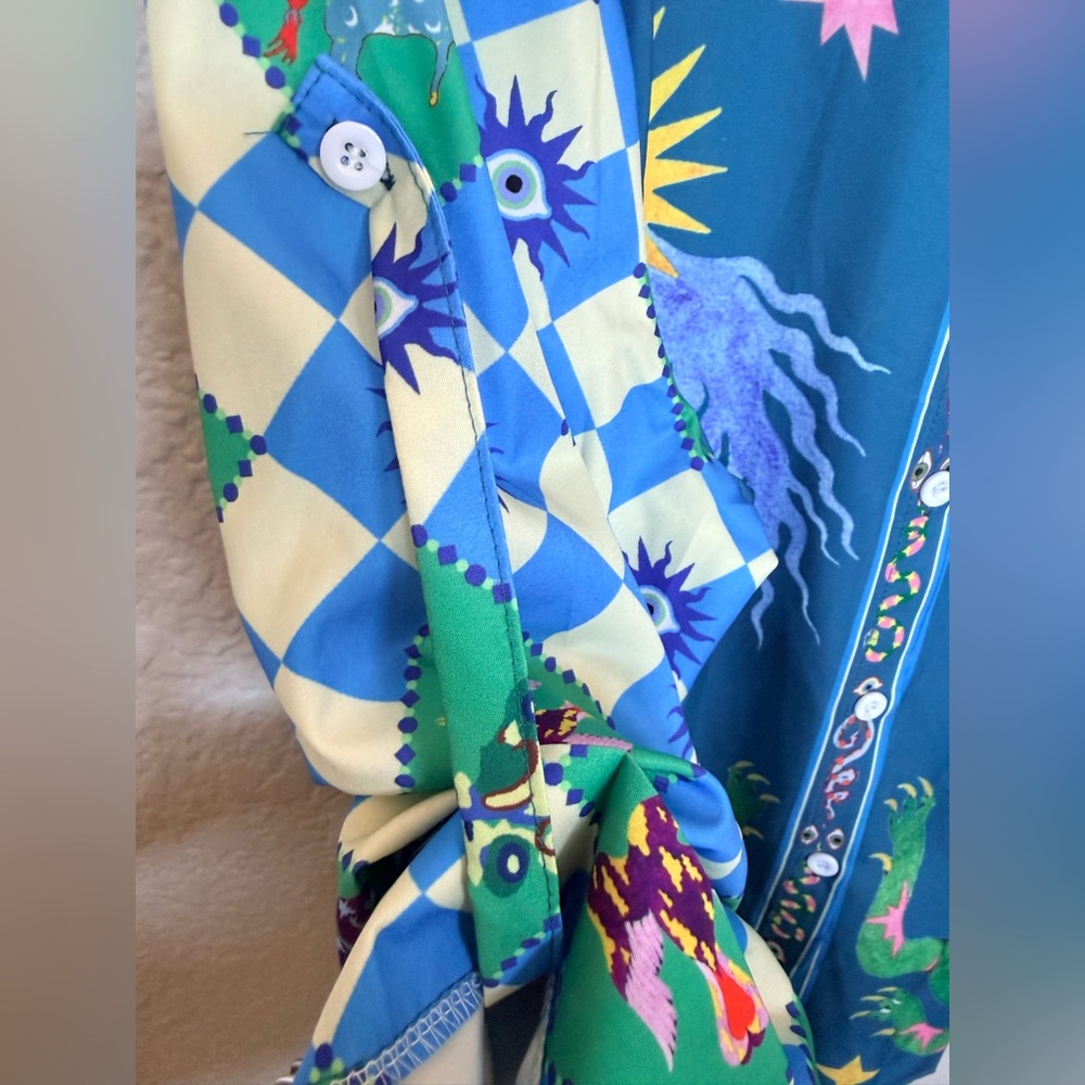 Printed Wide-Leg Jumpsuit in Teal with Celestial Motif - Picture 15 of 16
